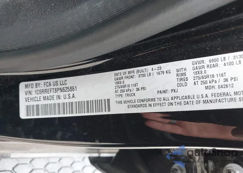 2023 Ram 1500 Big Horn 4X2 5'7 Box from USA, damaged, VIN 1C6RREFT8PN625861